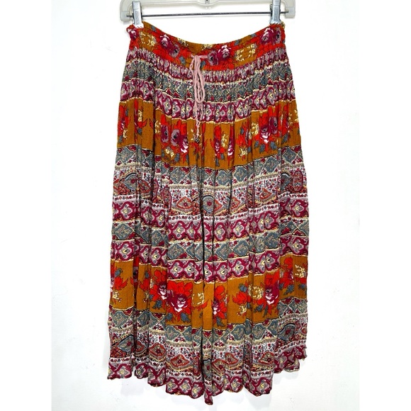 Vintage 90s Multicolour Crinkle Pleated Midi Skirt Tie Waist Elastic India M - Picture 2 of 4